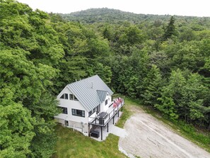 A two-story house with a metal roof, surrounded by dense forest.