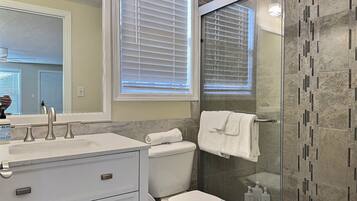 Shower, hair dryer, towels