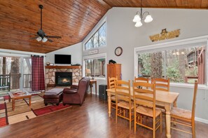 Smart TV, fireplace, DVD player, books