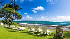 Un salon de plage bordé de rangées de chaises longues blanches, toutes orientées vers l’océan, avec des palmiers et un ciel d’un bleu limpide.