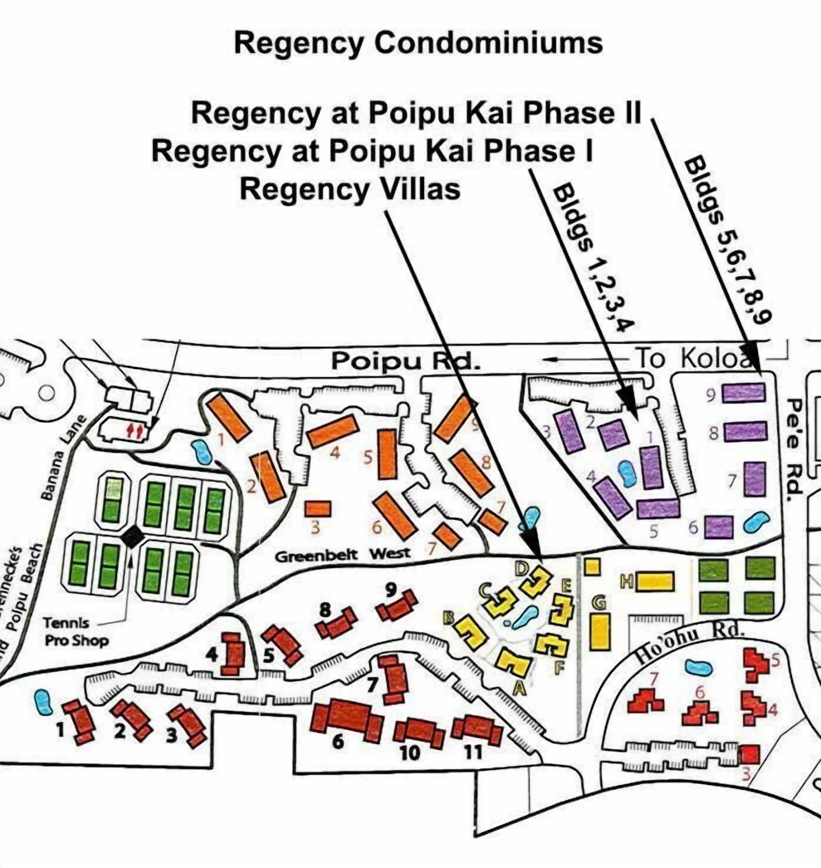 Mapa de Regency Condominiums con áreas señaladas como Regency en Poipu Kai Fase II, Regency en Poipu Kai Fase I y Regency Villas.
