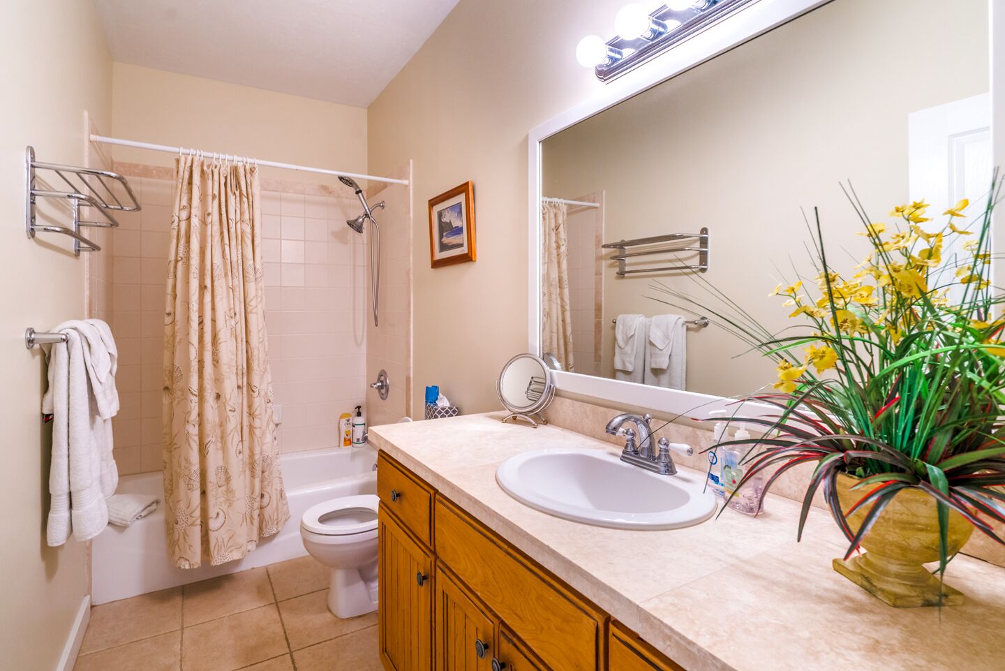 A bathroom with a shower, toilet, sink, and a large mirror.