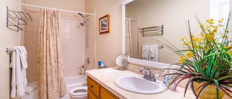 A bathroom with a shower, toilet, sink, and a large mirror.