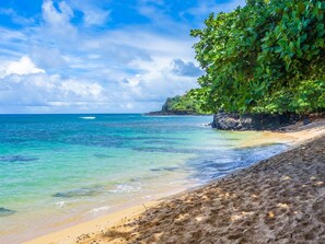 Una playa con agua turquesa cristalina, orilla arenosa y abundante vegetación verde.