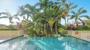 A swimming pool surrounded by palm trees and tropical plants. - Hemingway Penthouse South - Two Blocks from the Beach! (Deerfield Beach)