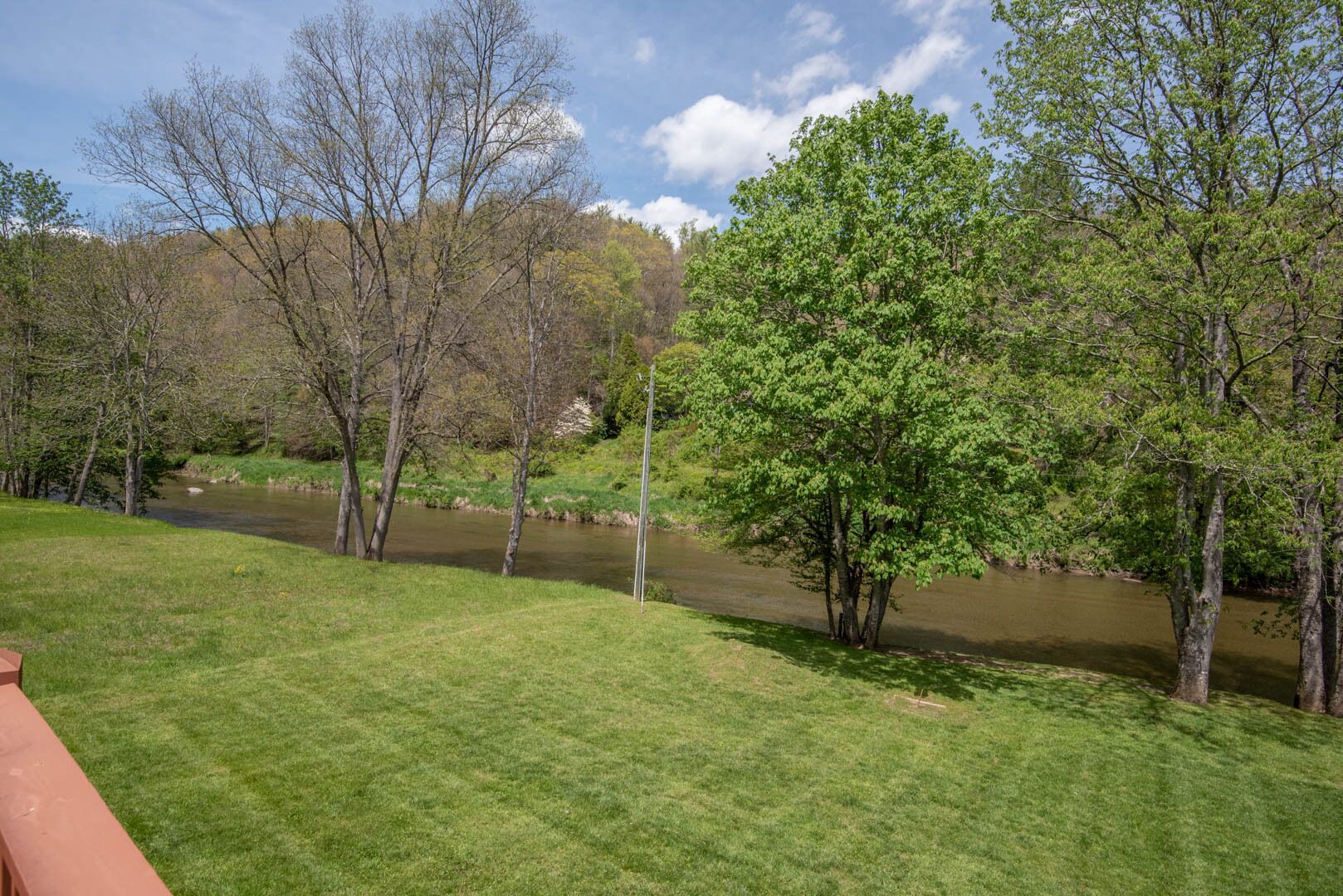 A river with trees on both sides, a grassy area, and a bench.