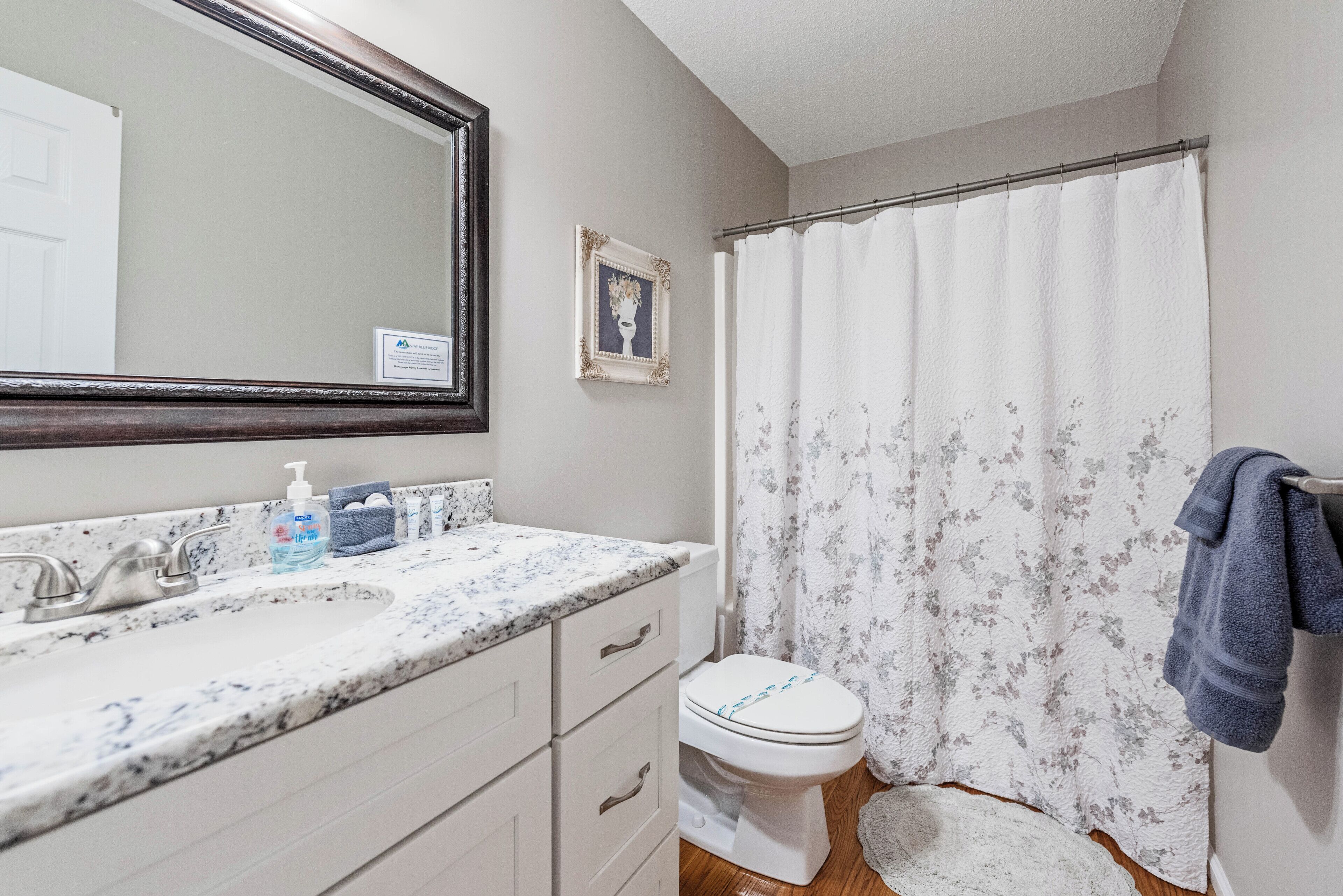 A bathroom with a marble sink, a toilet, and a shower curtain.