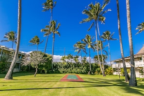 A well-maintained golf course with a red and green playing area, surrounded by tall palm trees and a clear blue sky.