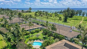 A resort with a pool, palm trees, and a view of the ocean.
