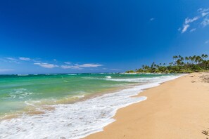 A beach with clear turquoise water, a sandy shore, and a line of palm trees in the background. - Plantation Hale Suites H7, AC, Walk to town, Near Beaches, Comp Wifi (Kapaa)