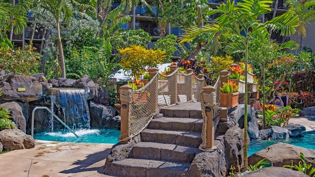 Uma área de piscina com cascata, degraus de pedra e plantas tropicais.
