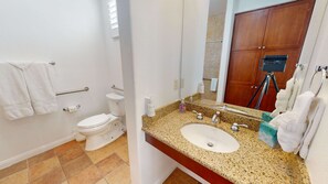 Combined shower/tub, hair dryer, towels, soap