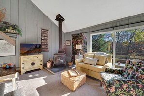 Un salon chaleureux avec un poêle en bois, un canapé et un téléviseur.