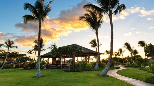 A well-maintained lawn with a gazebo, palm trees, and a pathway leading to a building. - Local Luxury Living! (Kamuela)