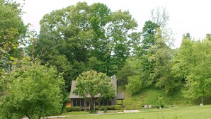 A building with a modern design, surrounded by lush greenery and a pond.