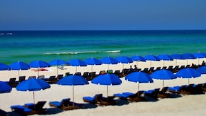 A beach with rows of blue umbrellas and sun loungers facing the ocean. - Platinum, King Masters, Walk-In Showers, End-Unit Balcony, Free Beach Chairs! (Panama City Beach)