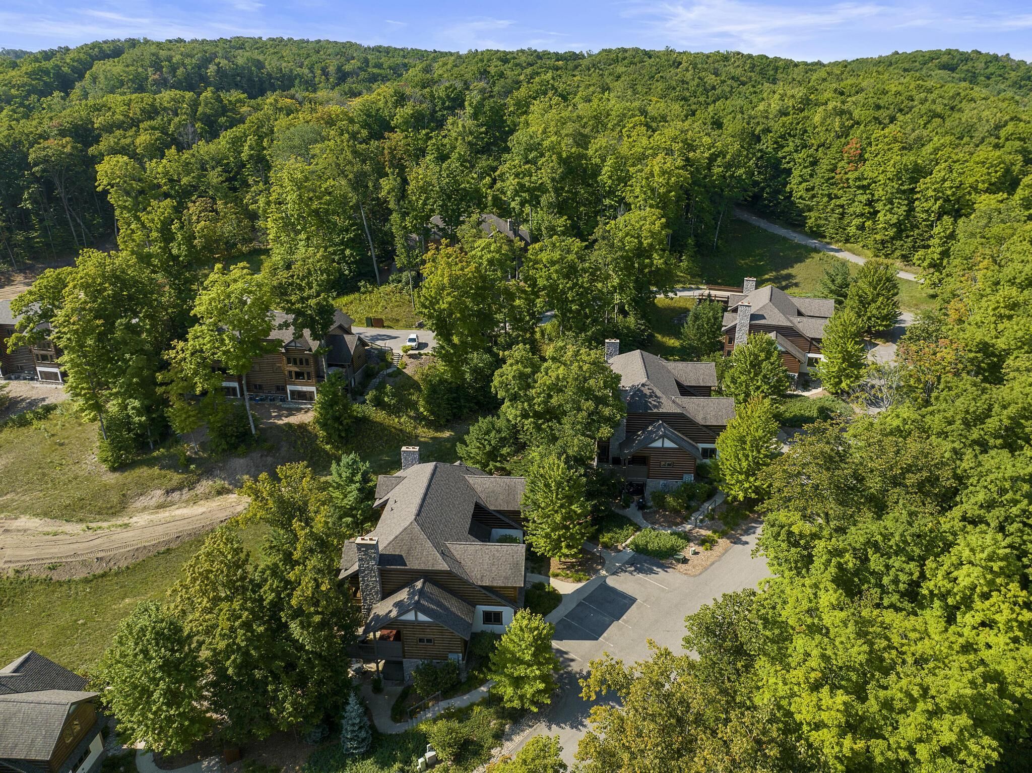 A residential area with multiple houses surrounded by dense forest.
