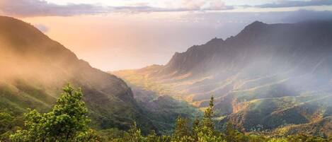A mountainous landscape with lush greenery and a valley.