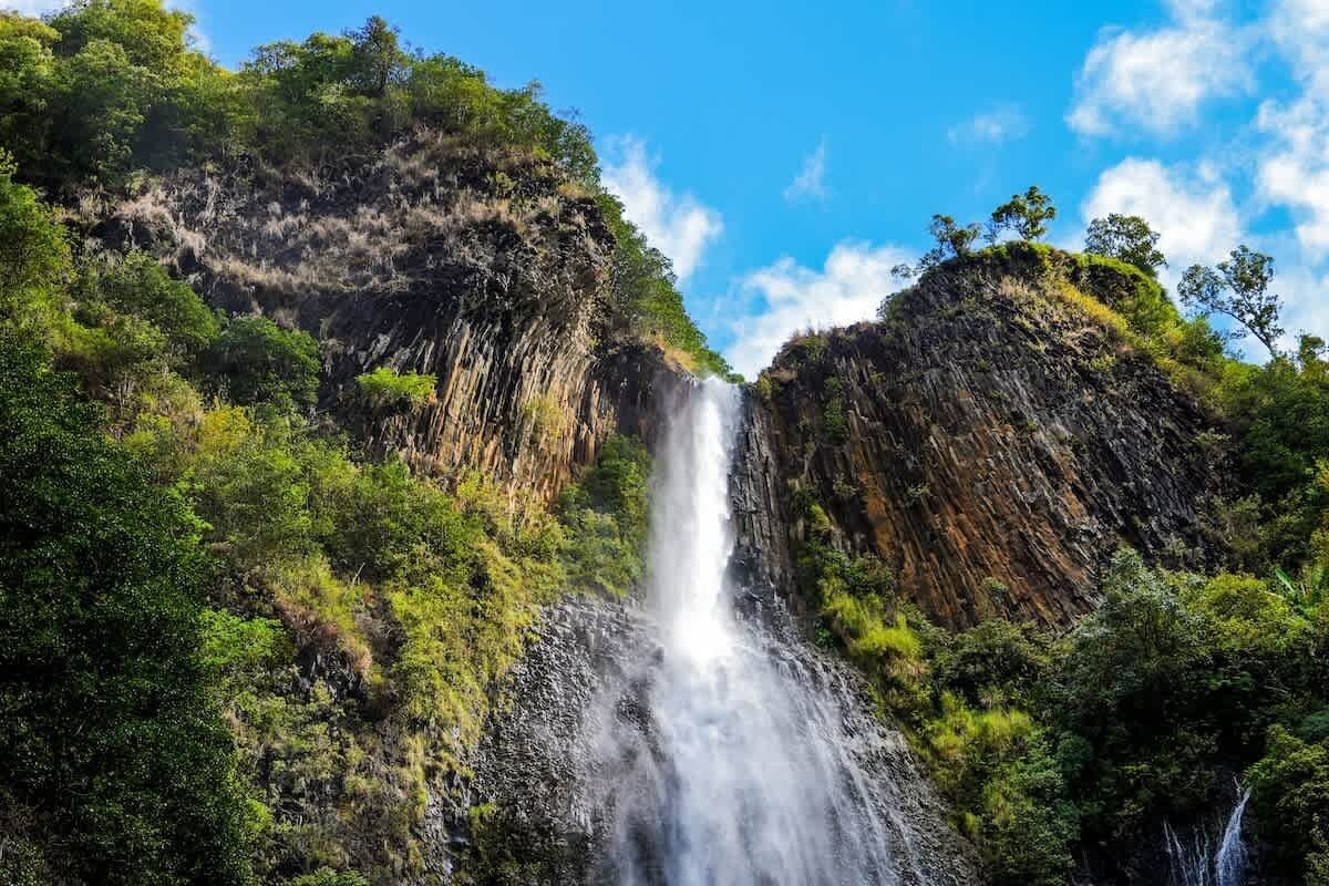 Ein Wasserfall stürzt über eine steile, felsige Klippe, umgeben von dichtem Grün.