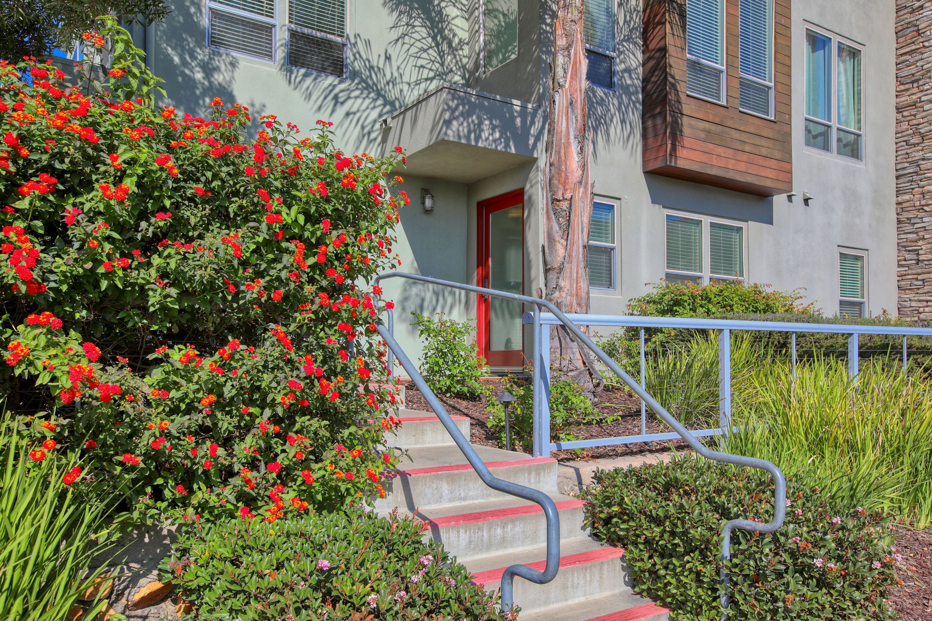 Un edificio con puerta roja, una escalera con barandilla azul y un jardín con flores rojas.
