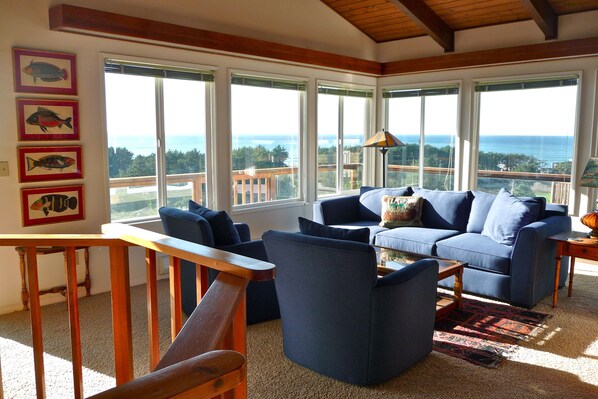 Flat-screen TV, fireplace, DVD player, video library