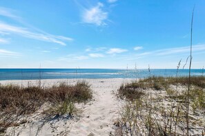 A sandy beach path leading to the ocean with sparse vegetation.