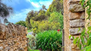 A stone pathway surrounded by lush greenery and flowering plants. - Cherry Plum Cottages (Port Fairy)