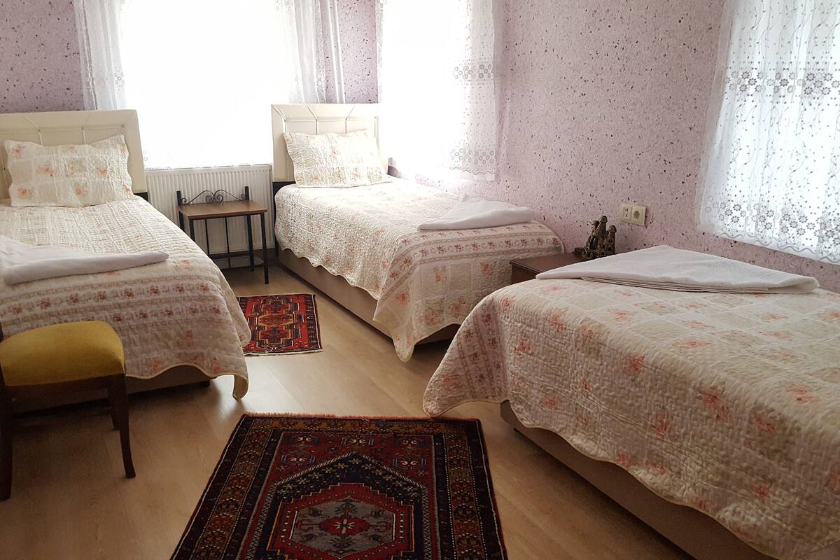 Ein Schlafzimmer mit zwei Einzelbetten, einem kleinen Tisch und einem gemusterten Teppich.