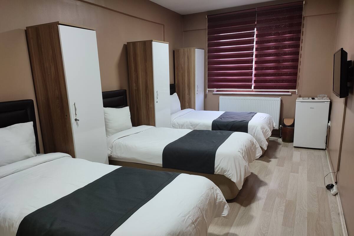 Ett hotellrum med två sängar, en garderob, ett element, en tv och ett litet kylskåp.