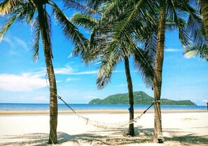 Une scène de plage avec des palmiers, un hamac et une vue dégagée sur l’océan et une île lointaine.