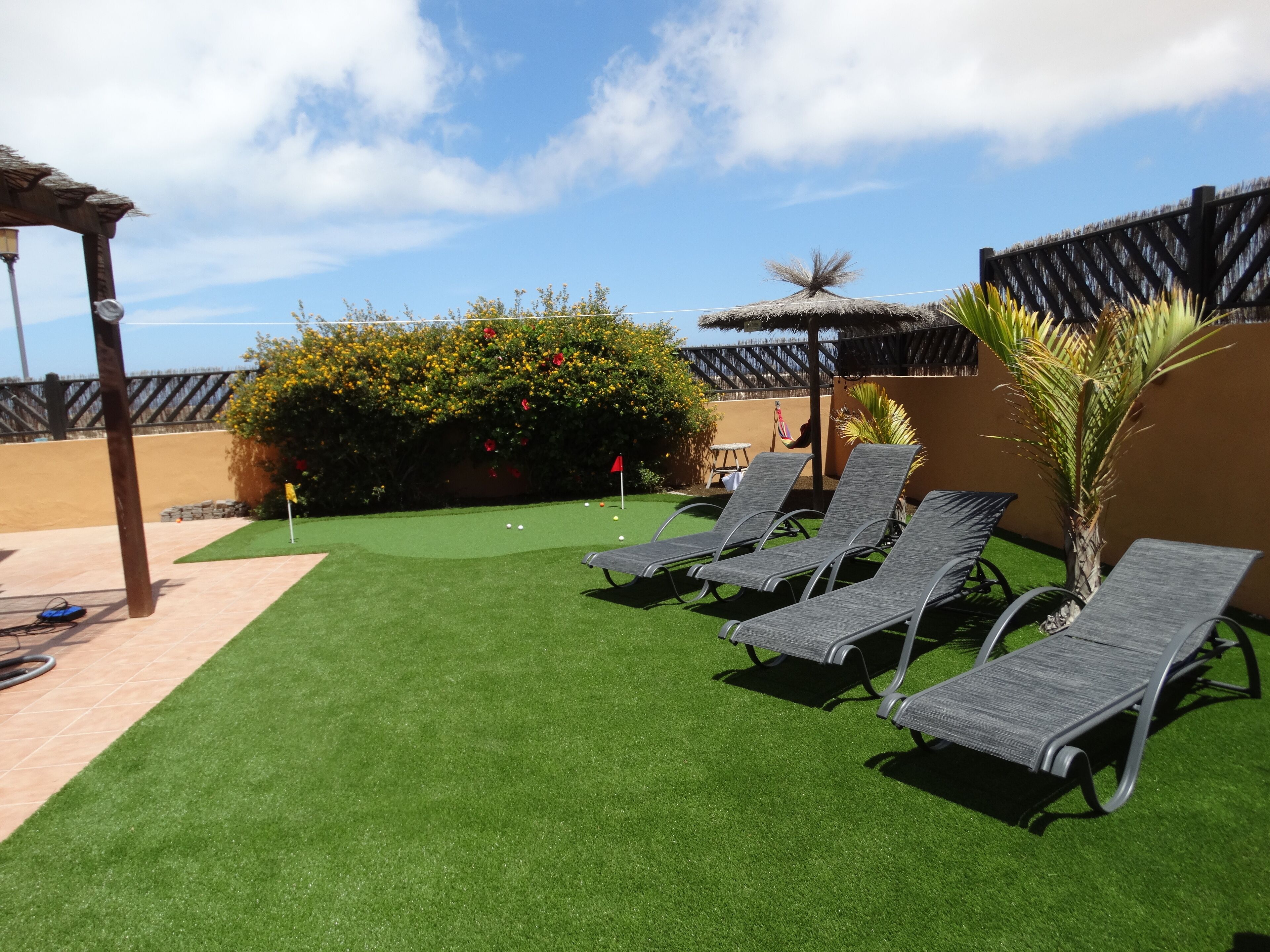 Een zwembadgedeelte met kunstgras, lounge fauteuils, een palmboom en een constructie met rieten dak.