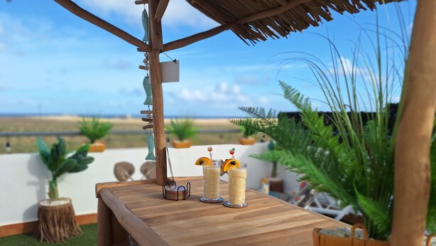 A wooden table with two drinks and a menu, surrounded by potted plants and a view of the beach.