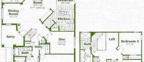 En planritning över ett hus med ett stort sovrum, ett stort badrum, vardagsrum, matsal, kök, en inglasad uteplats, ett förråd, ett dubbelgarage och tre sovrum.