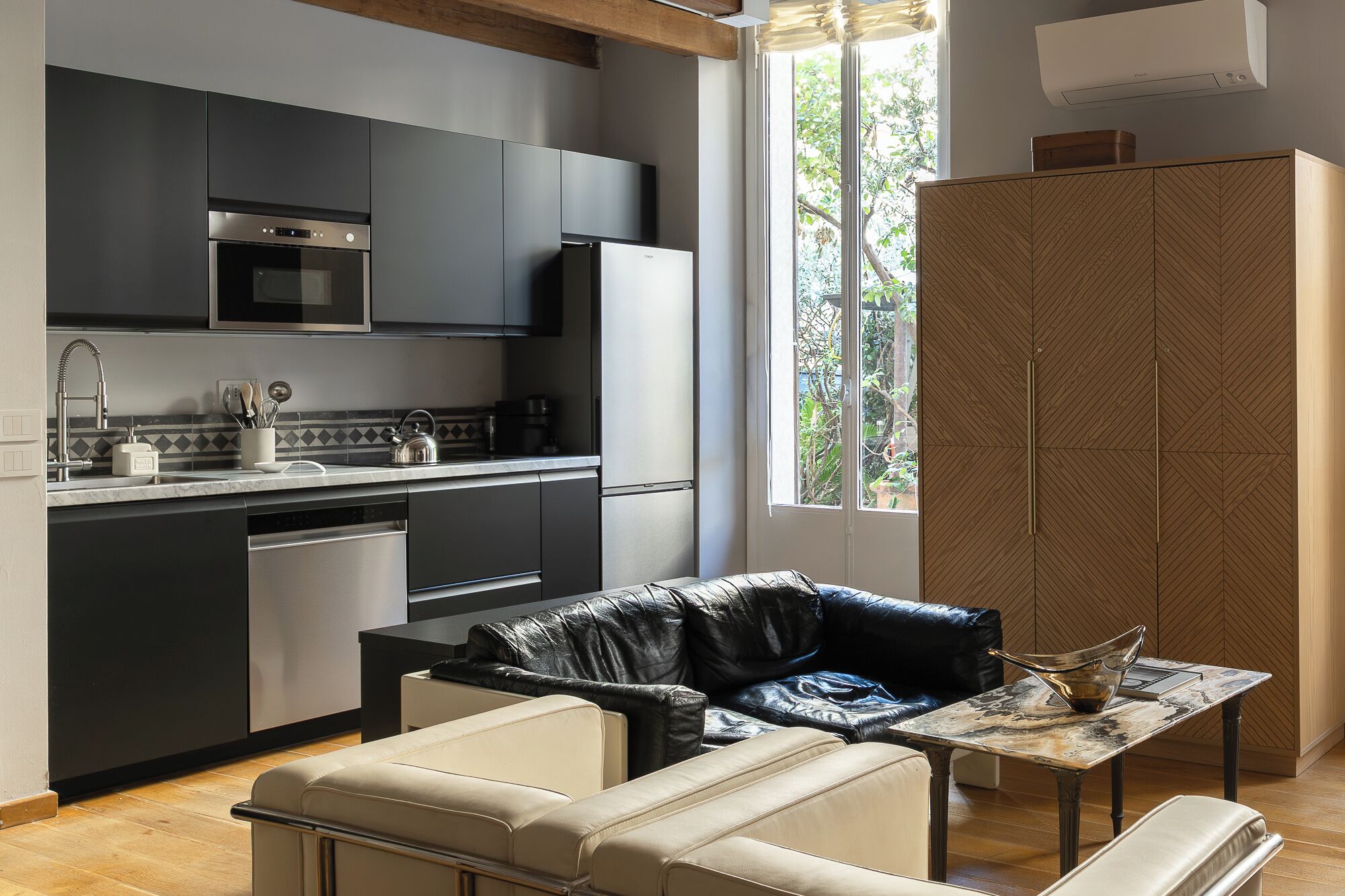 Fridge, microwave, oven, stovetop
