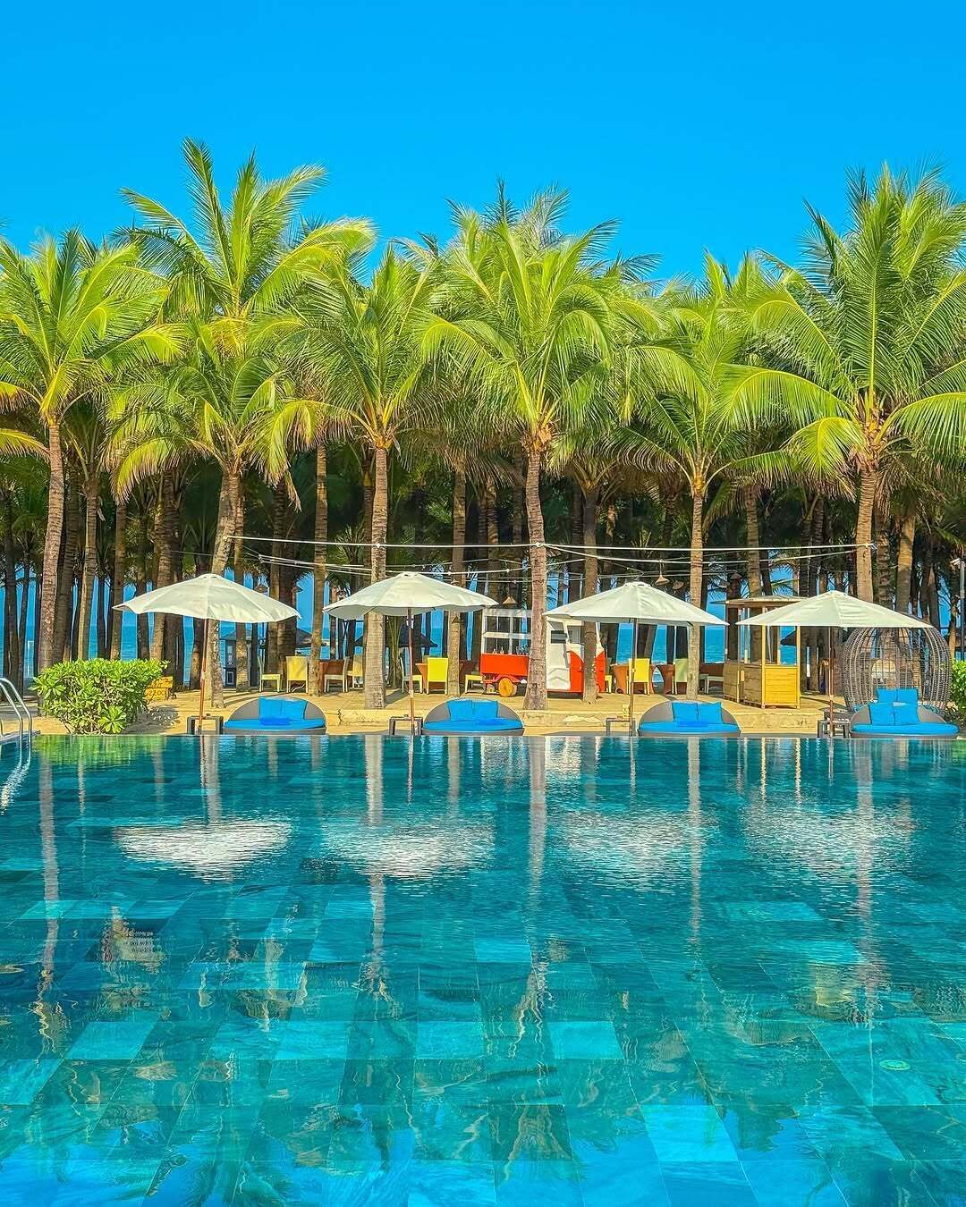 A swimming pool with clear blue water, surrounded by palm trees and umbrellas providing shade.
