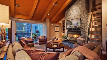 Smart TV, fireplace, video games, DVD player