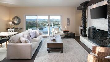 Smart TV, fireplace, DVD player, books