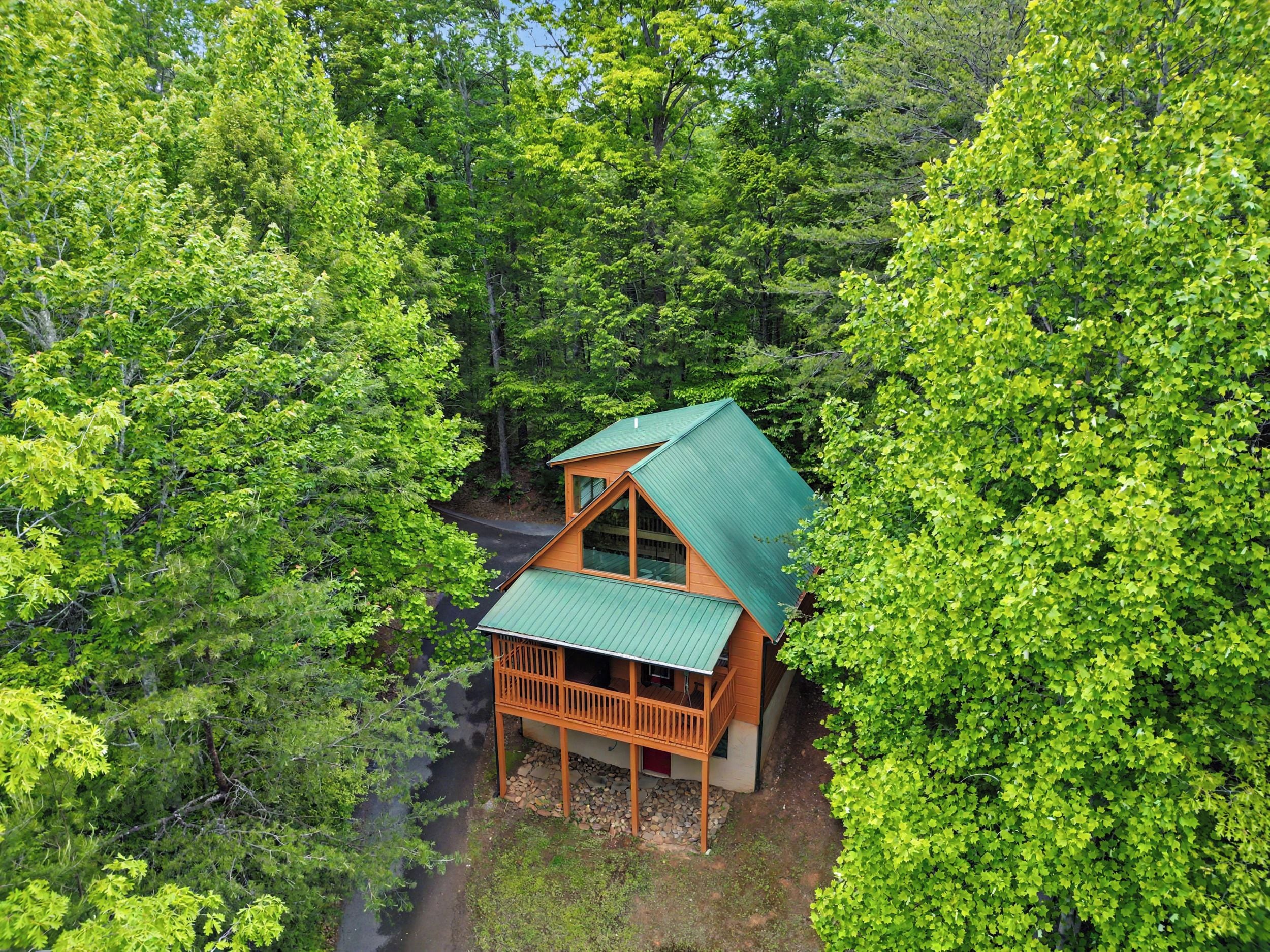 A cabin with a green roof, surrounded by dense forest.