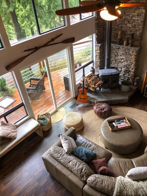 Smart TV, fireplace, DVD player, books