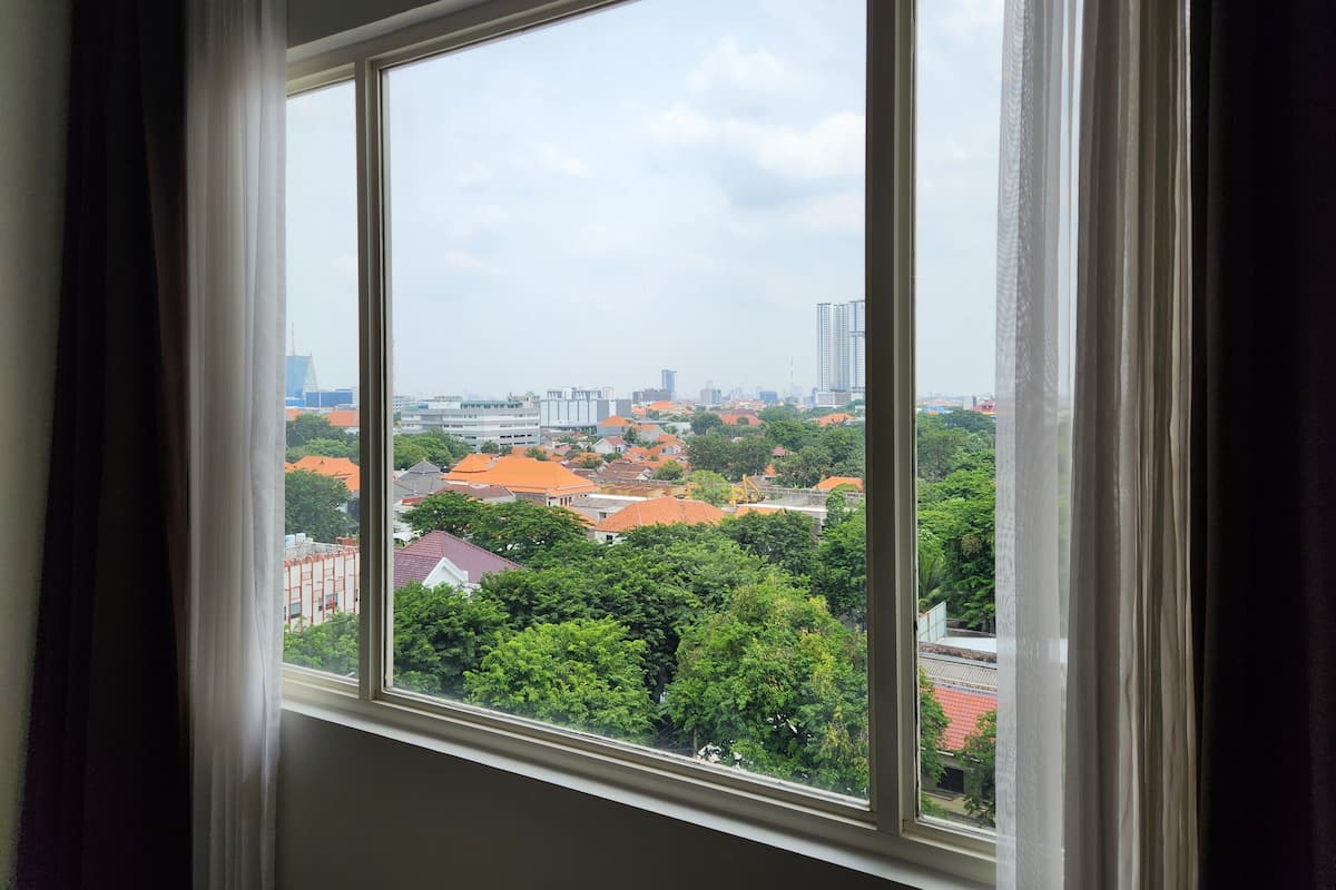 A window with a view of a cityscape, including buildings and trees.