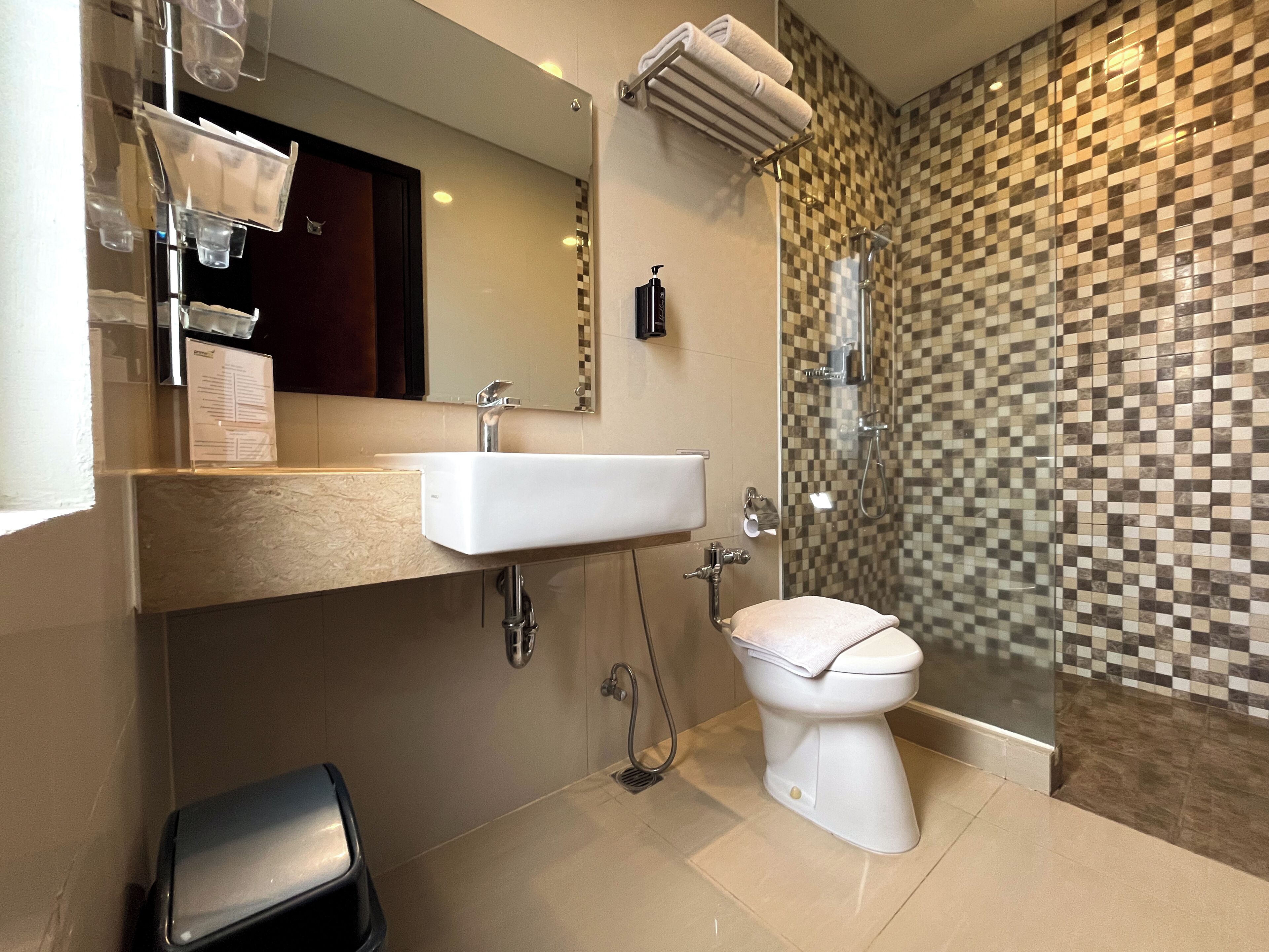 A modern bathroom with a sink, mirror, toilet, and shower.
