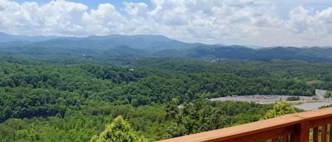 A panoramic view of a lush green landscape with a river and mountains in the distance.