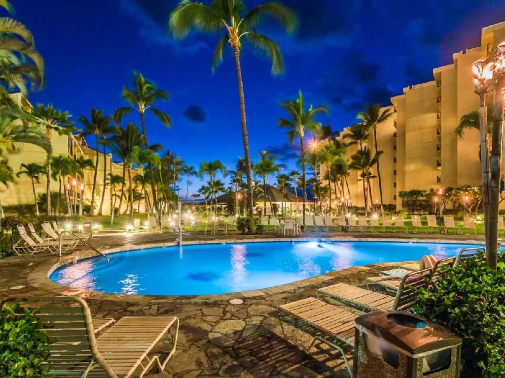 A swimming pool surrounded by palm trees and lounge chairs, with a building in the background.