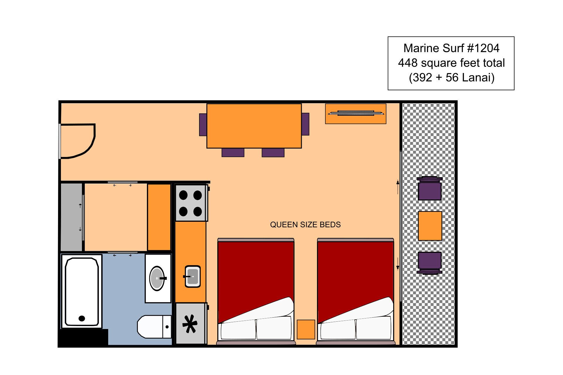 A room layout with queen size beds, a kitchen, a bathroom, and a seating area.