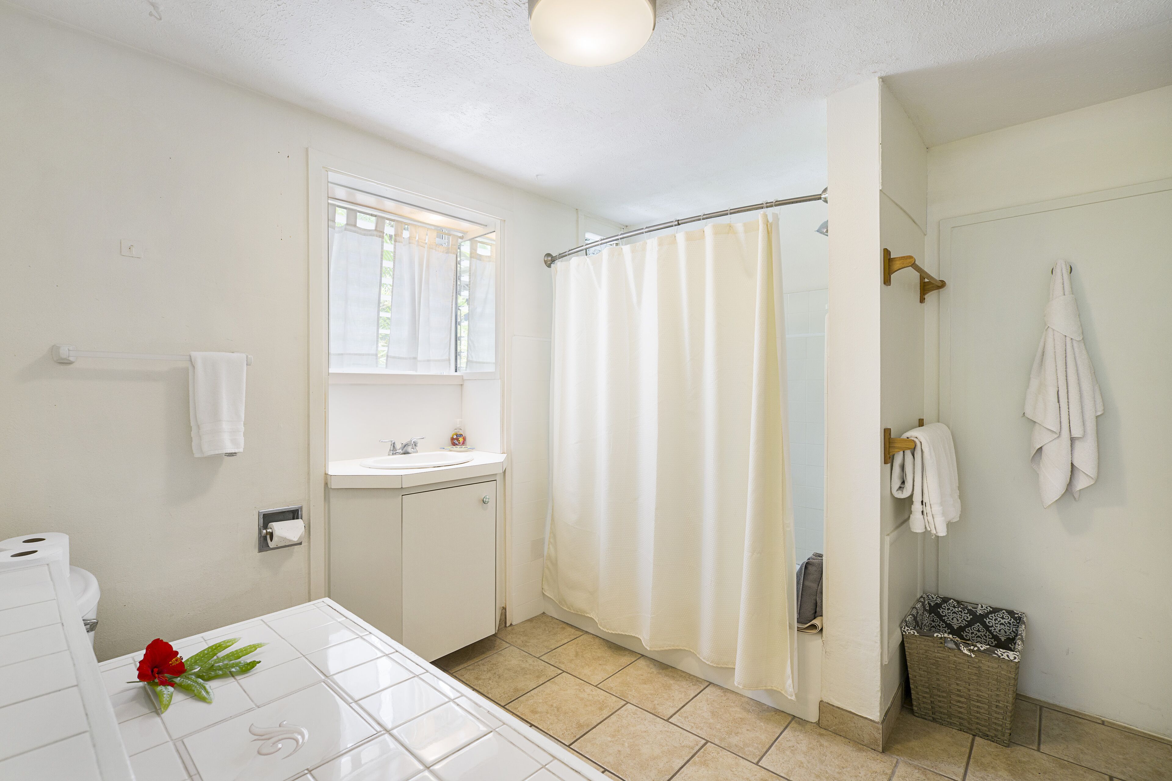 Combined shower/tub, hair dryer, towels
