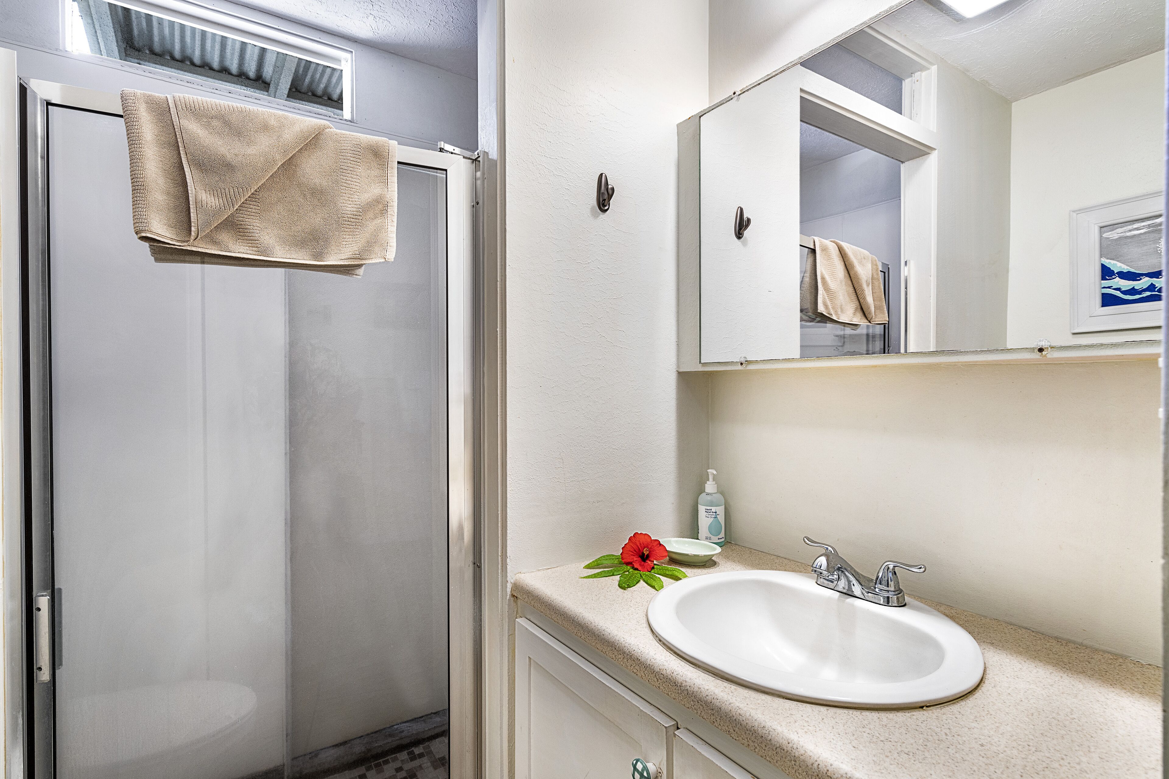 Combined shower/tub, hair dryer, towels