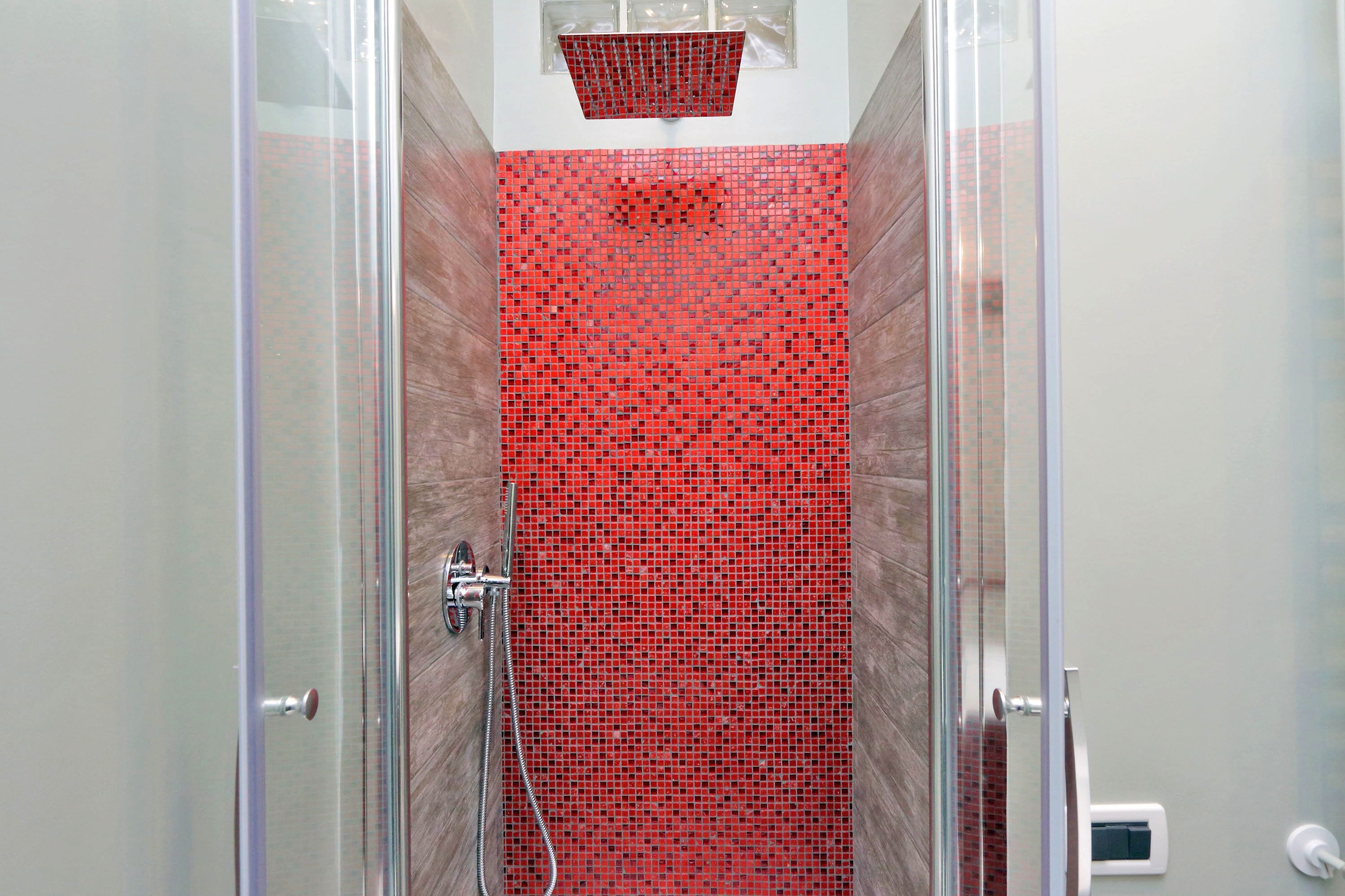 A shower with a red mosaic tile wall and a glass door.