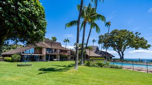 A beachfront property with a swimming pool, palm trees, and a large house with a balcony overlooking the ocean.