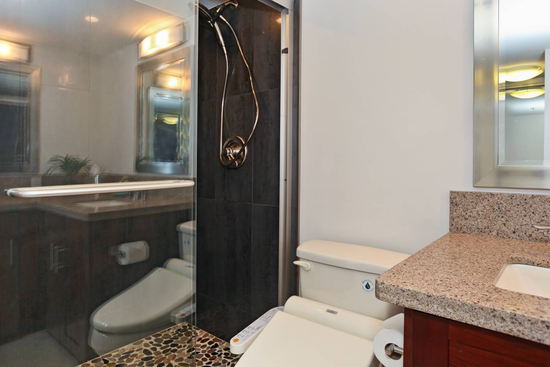 Shower, hair dryer, bidet, towels