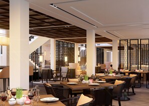 Se sirven desayunos, almuerzos y cenas; con vista al campo de golf